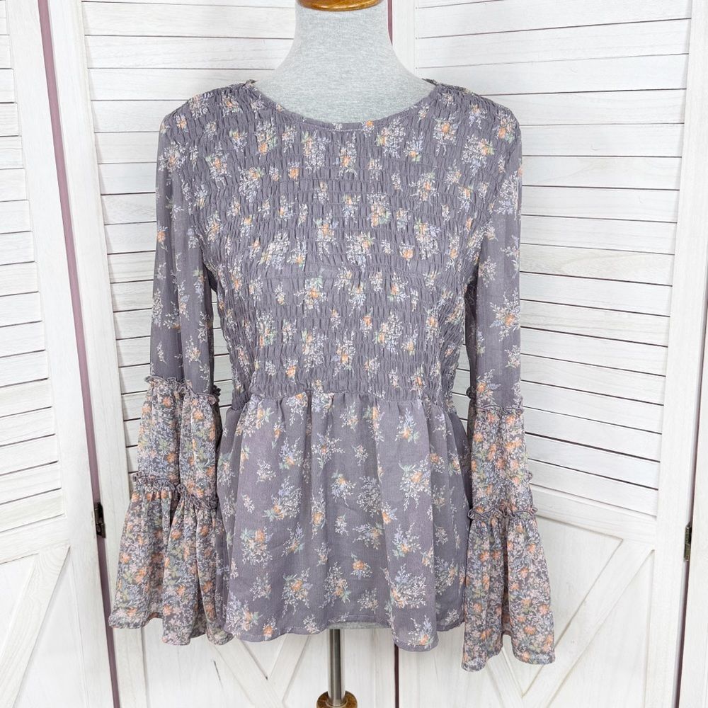 Cottagecore Boho Peasant Floral Chiffon Smocked Bell Sleeve Top Purple Medium